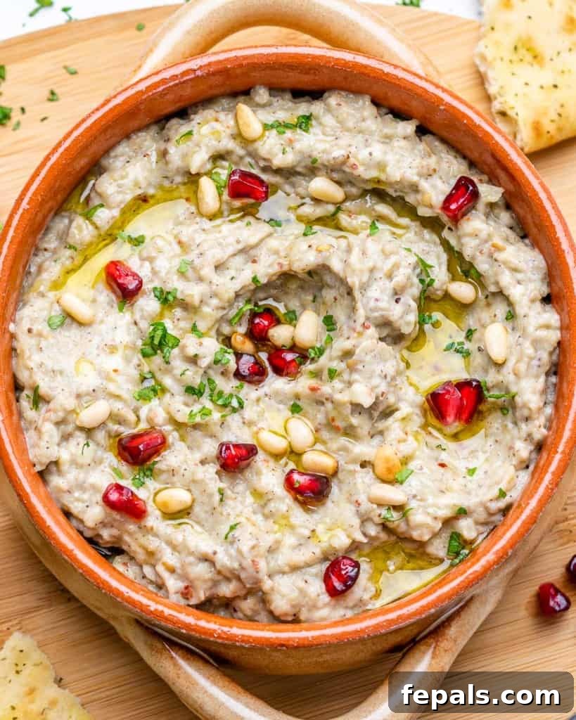 Smoky Eggplant Dip Perfection 2 top view baba ganoush with pomegranate garnish