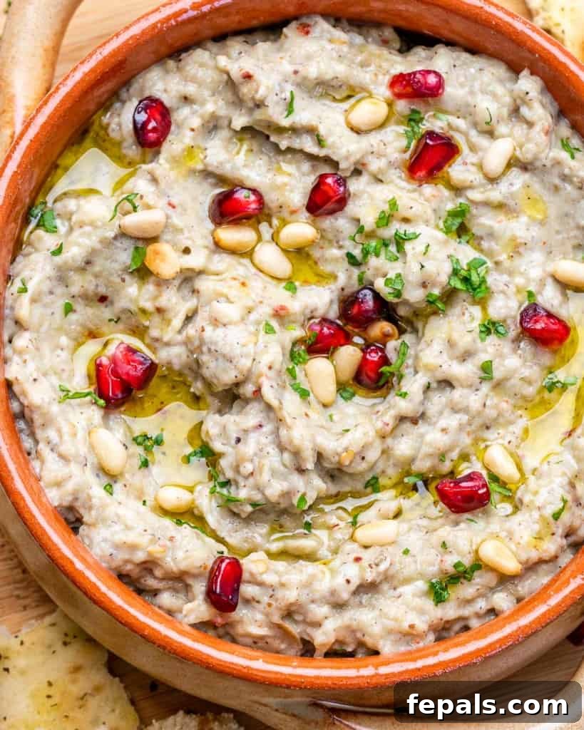 Smoky Eggplant Dip Perfection 3 close up baba ganoush in a bowl with parsley and pine nuts garnishes