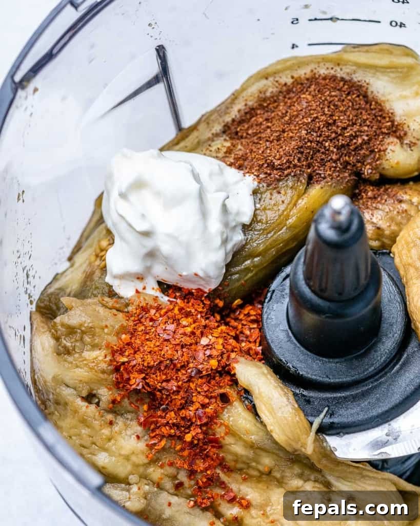 Smoky Eggplant Dip Perfection 6 baba ganoush ingredients in food processor before being processed