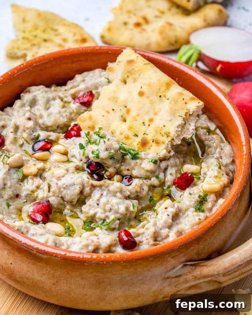 Smoky Eggplant Dip Perfection 8 side shot of baba ganoush with pita bread in the dip