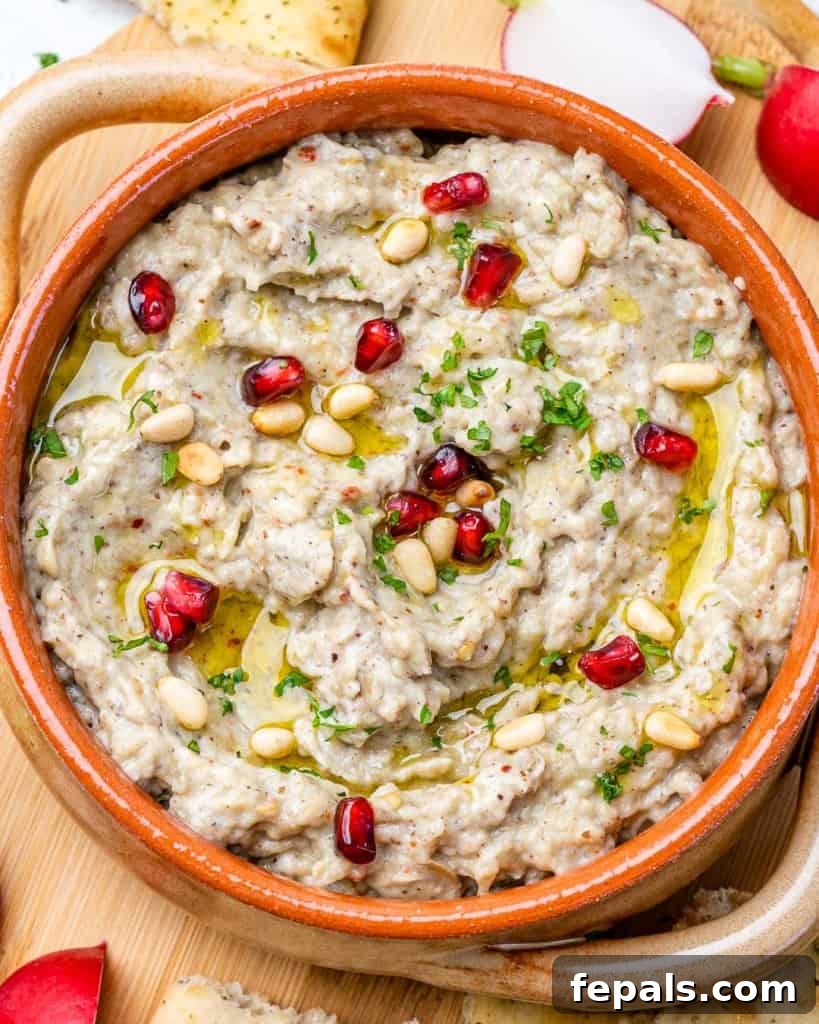 Smoky Eggplant Dip Perfection 9 top view close up image of baba ganoush dip