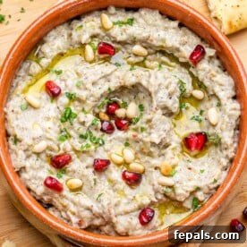 top view baba ganoush with pomegranate garnish