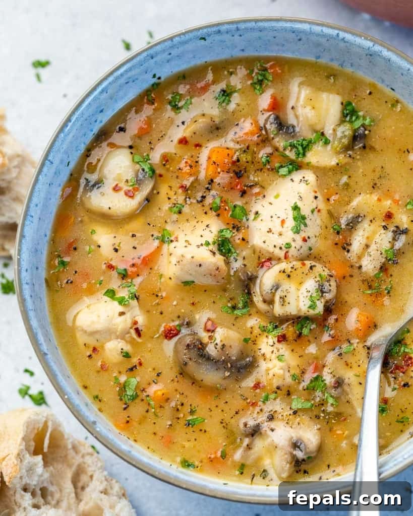 Silky Chicken Mushroom Bliss 3 top view of chicken soup in a blue bowl with spoon in it