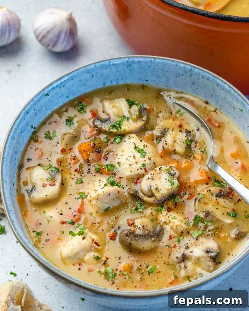 Silky Chicken Mushroom Bliss 10 side shot bowl of chicken soup