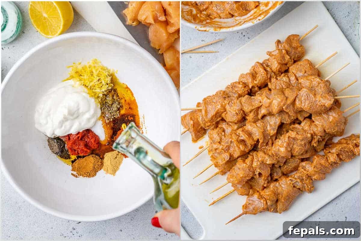 process shot to make the marinade for the chicken tawook and placing them on skewers.