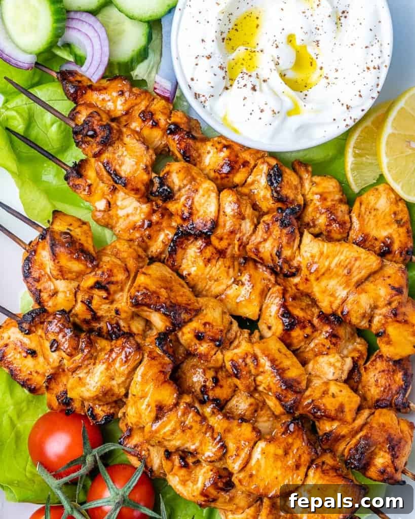 top view chicken skewers on a plate with a side of yogurt garlic dip
