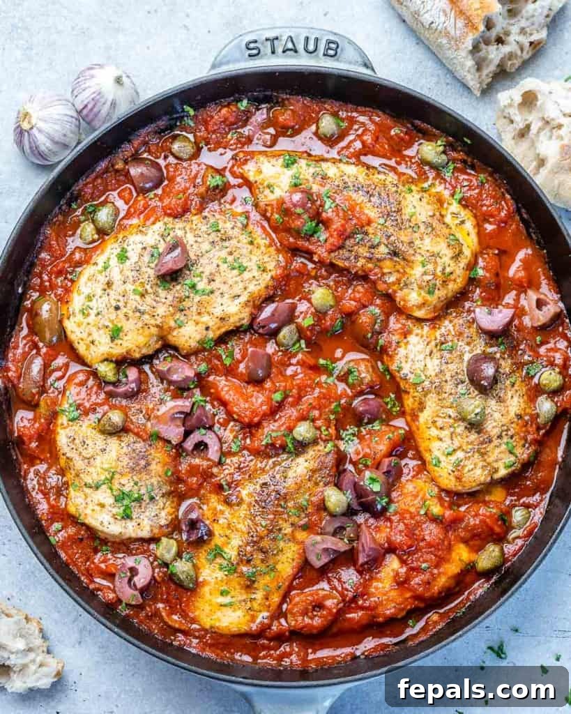 Rustic Chicken Puttanesca 8 top view of puttanesca with chicken in a skillet