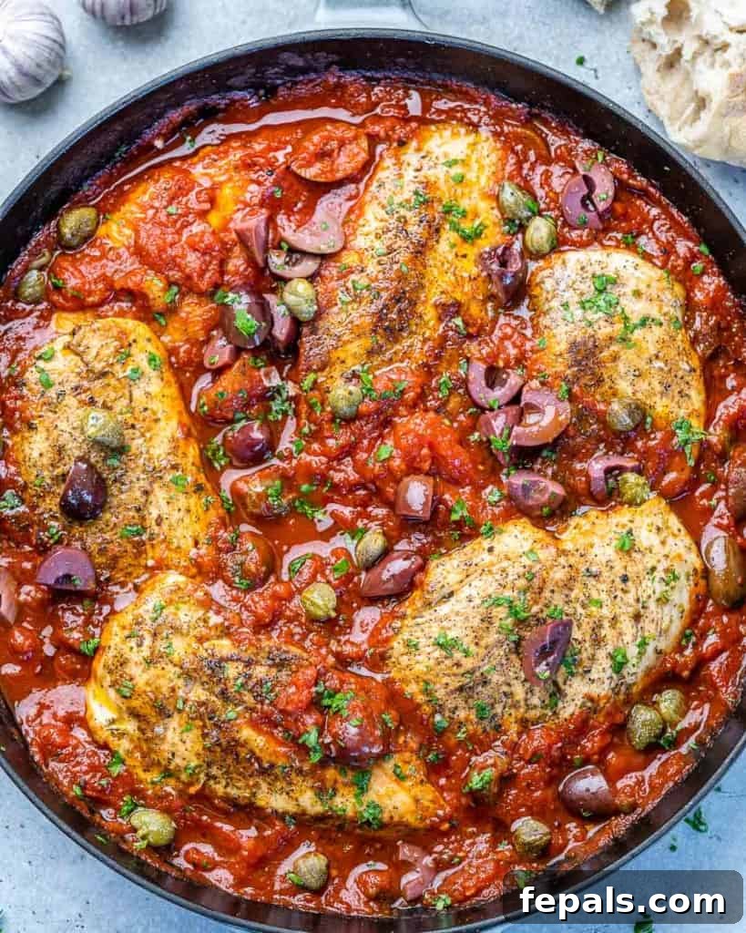 Rustic Chicken Puttanesca 9 puttanesca sauce with chicken in a black skillet