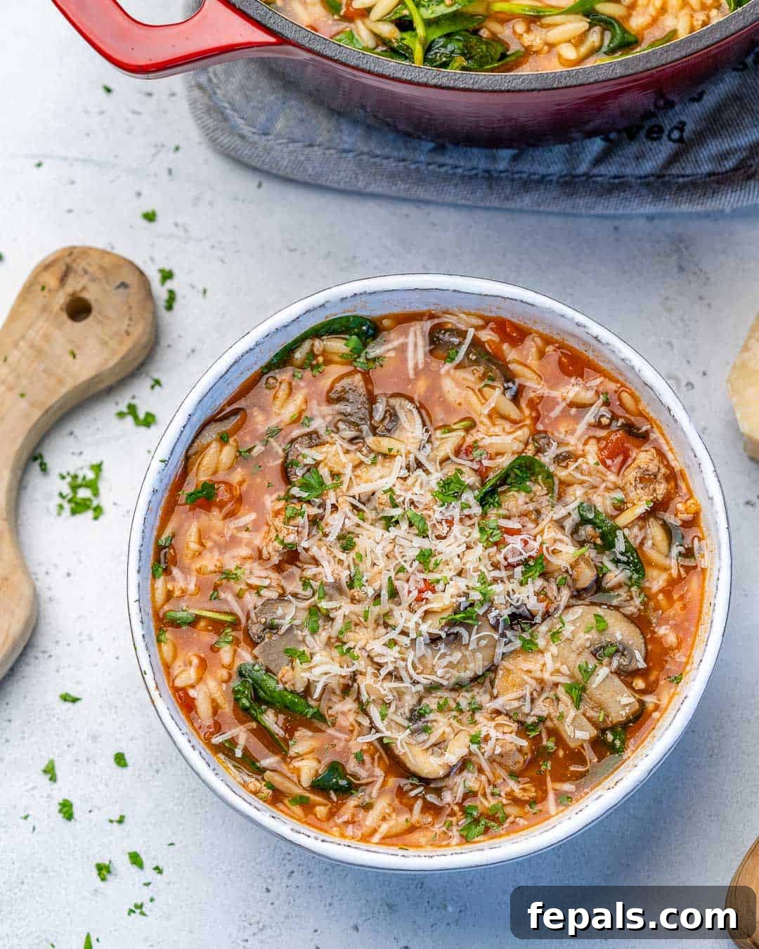 Hearty Chicken Orzo Soup with Lemon and Parmesan A steaming bowl of Chicken Orzo Soup garnished with fresh Parmesan cheese and mushrooms.