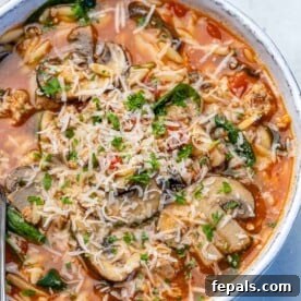 Top view of Chicken Orzo Soup in a white bowl with fresh garnishes.