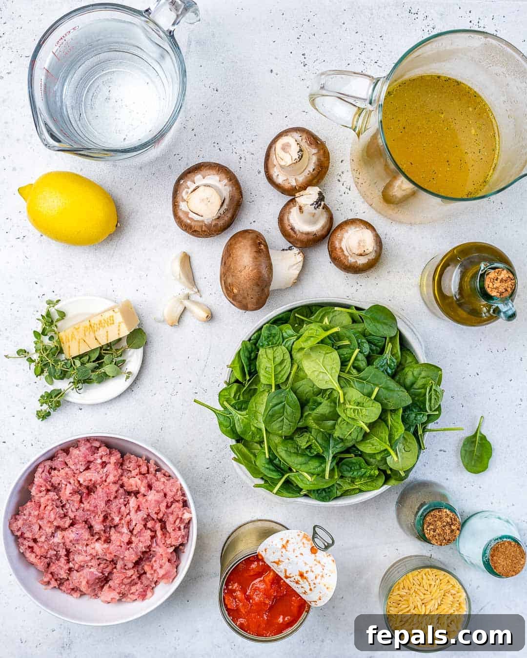 Fresh Ingredients for Chicken Orzo Soup A vibrant flat lay of all fresh ingredients for Chicken Orzo Soup: water, broth, mushrooms, lemon, olive oil, herbs, Parmesan, garlic, spinach, ground chicken, diced tomatoes, salt, pepper, and dry orzo pasta.