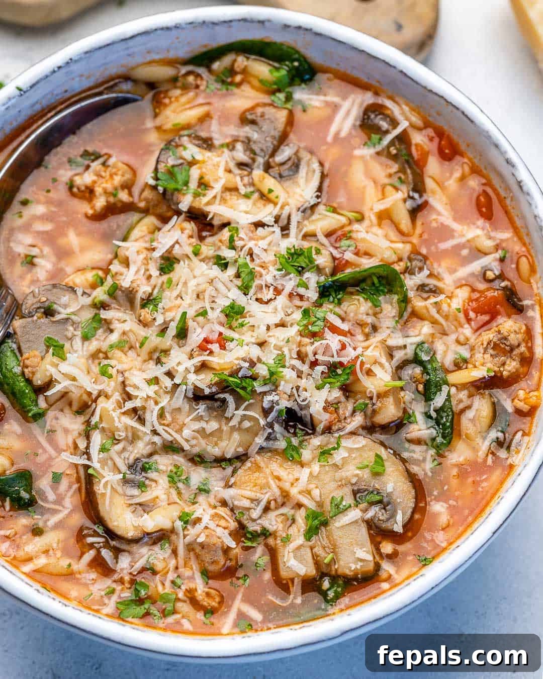 Perfect Chicken Orzo Soup Serving A beautifully presented bowl of Chicken Orzo Soup, topped with fresh Parmesan cheese and vibrant spinach.