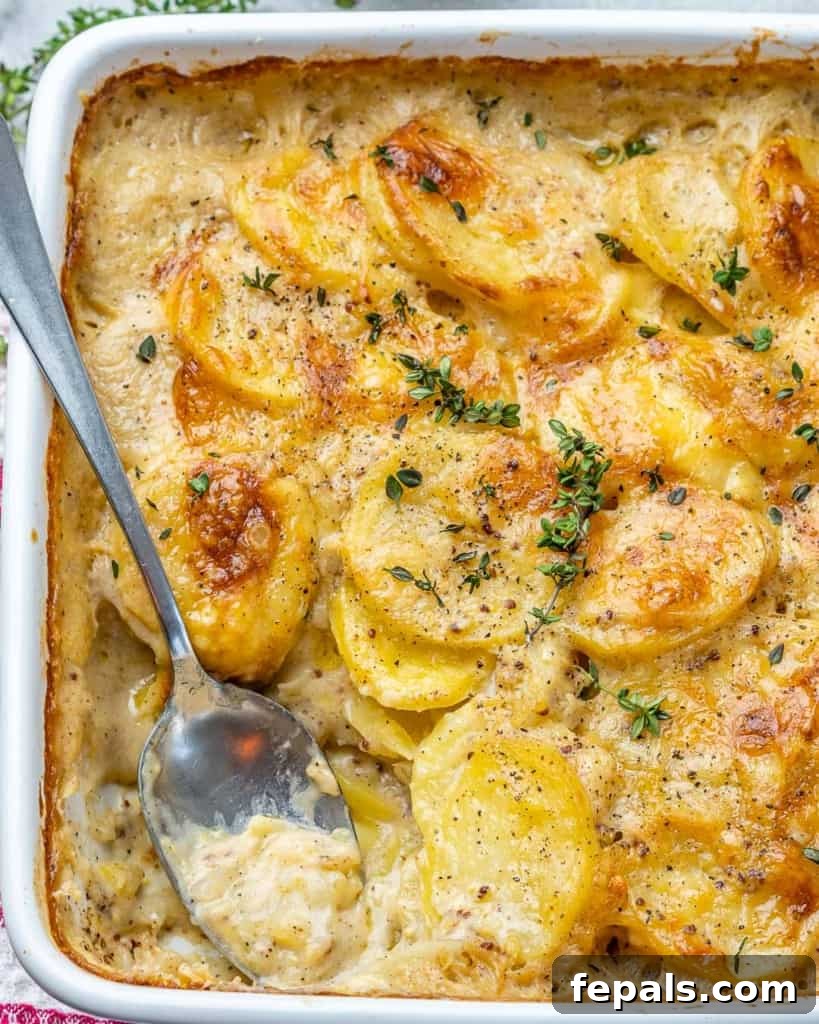 Effortless Cheesy Potato Gratin 3 Close-up top view of cheesy potato au gratin with a golden-brown crust, in a white serving dish.