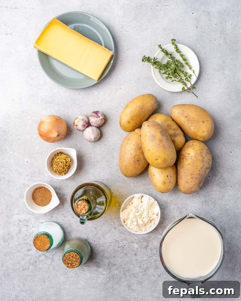 Effortless Cheesy Potato Gratin 4 Assortment of fresh ingredients laid out, including sliced potatoes, onions, garlic, herbs, cheese, and milk, for making potato au gratin.