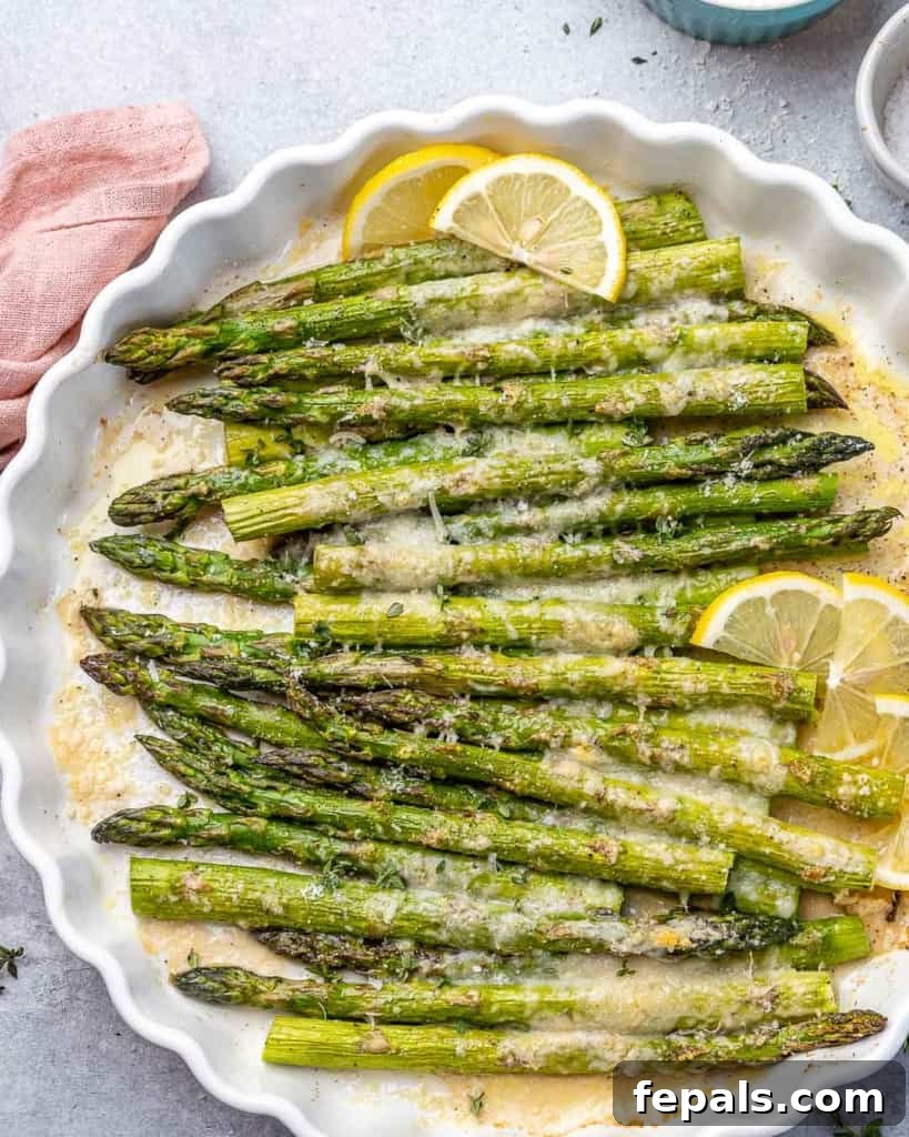 Parmesan Crusted Asparagus 8 top view asparagus in a white dish