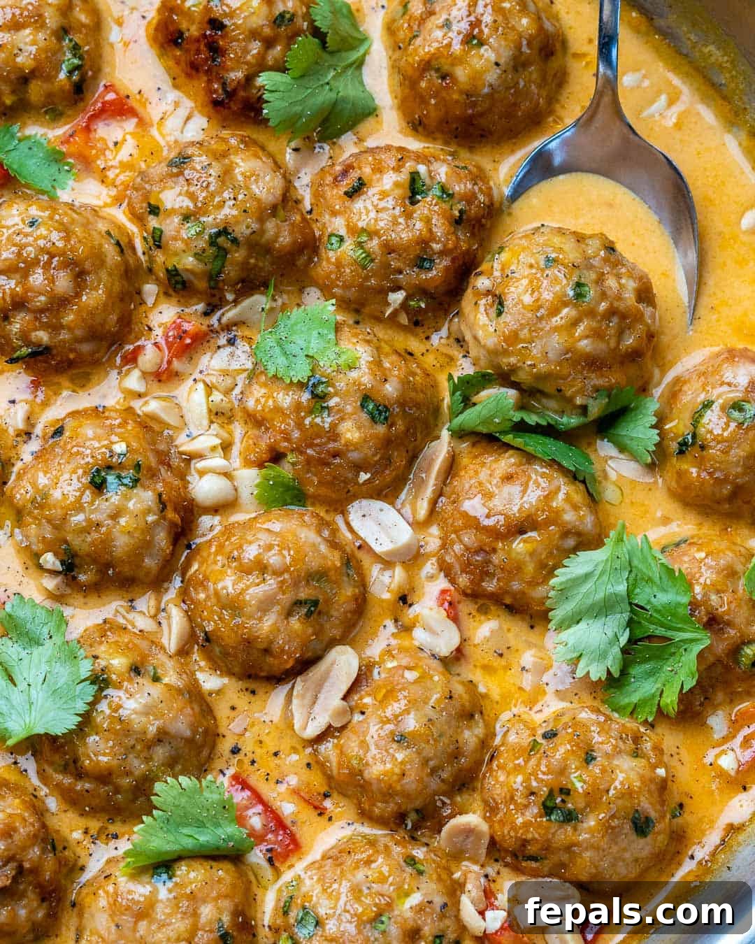 spoon in a pan getting a serving of turkey meatballs in curry sauce.