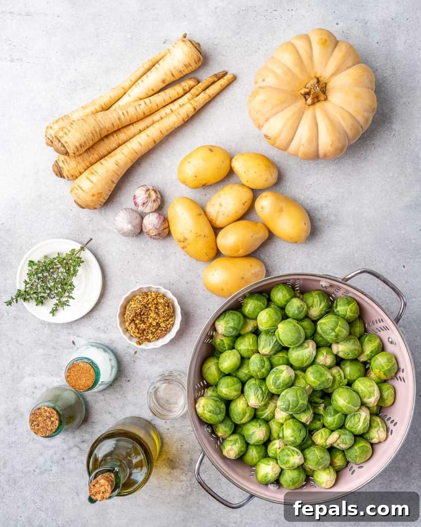 Golden Roasted Vegetables 4 A collection of fresh ingredients laid out on a wooden board, including butternut squash, parsnips, Brussels sprouts, potatoes, olive oil, mustard, garlic, and thyme, ready for making oven-roasted vegetables.