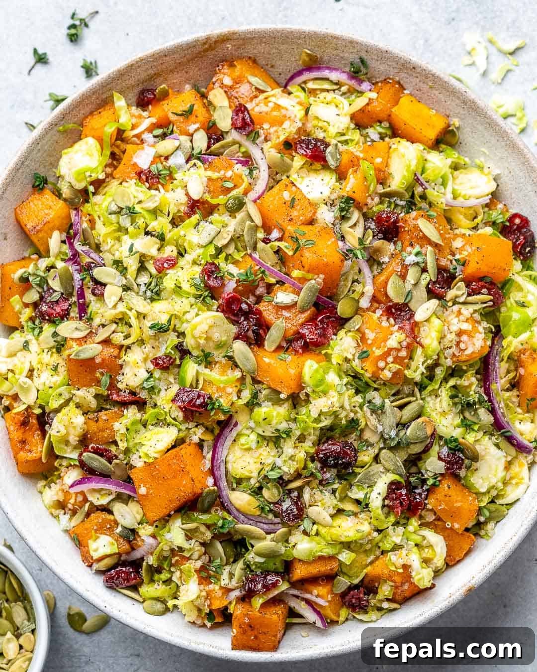 Roasted Butternut Harvest Salad 2 Top view of a colorful winter salad featuring butternut squash, Brussels sprouts, and quinoa, served in a white plate.
