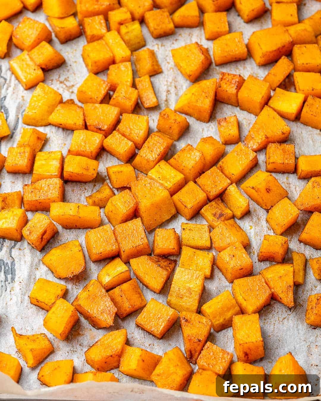 Roasted Butternut Harvest Salad 5 Roasted butternut squash cubes spread out on a parchment-lined baking sheet, golden and tender.