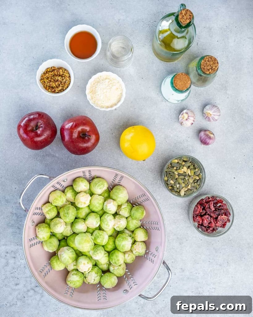 Elevated Shaved Brussels Salad 4 Overhead image displaying all the individual ingredients neatly arranged for a Brussels sprouts salad.