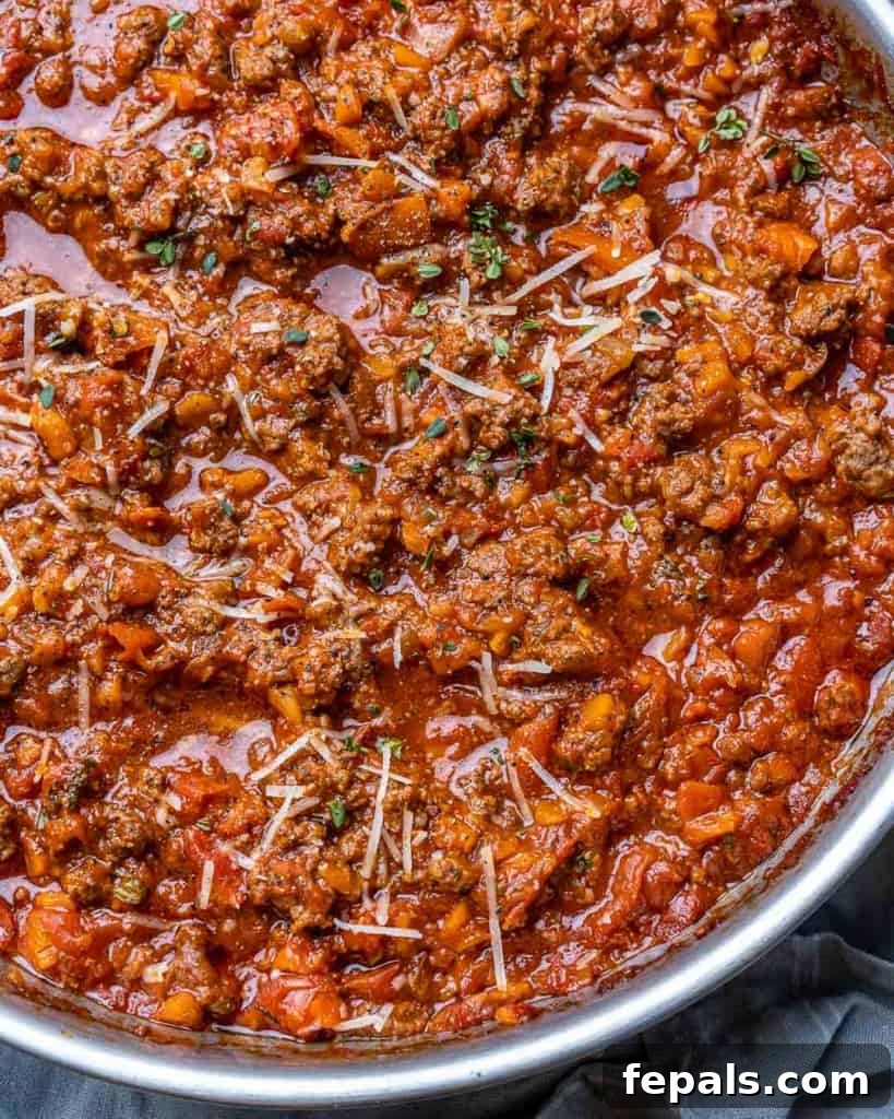 Hearty Beef Bolognese 3 top view of bolognese sauce in a pan