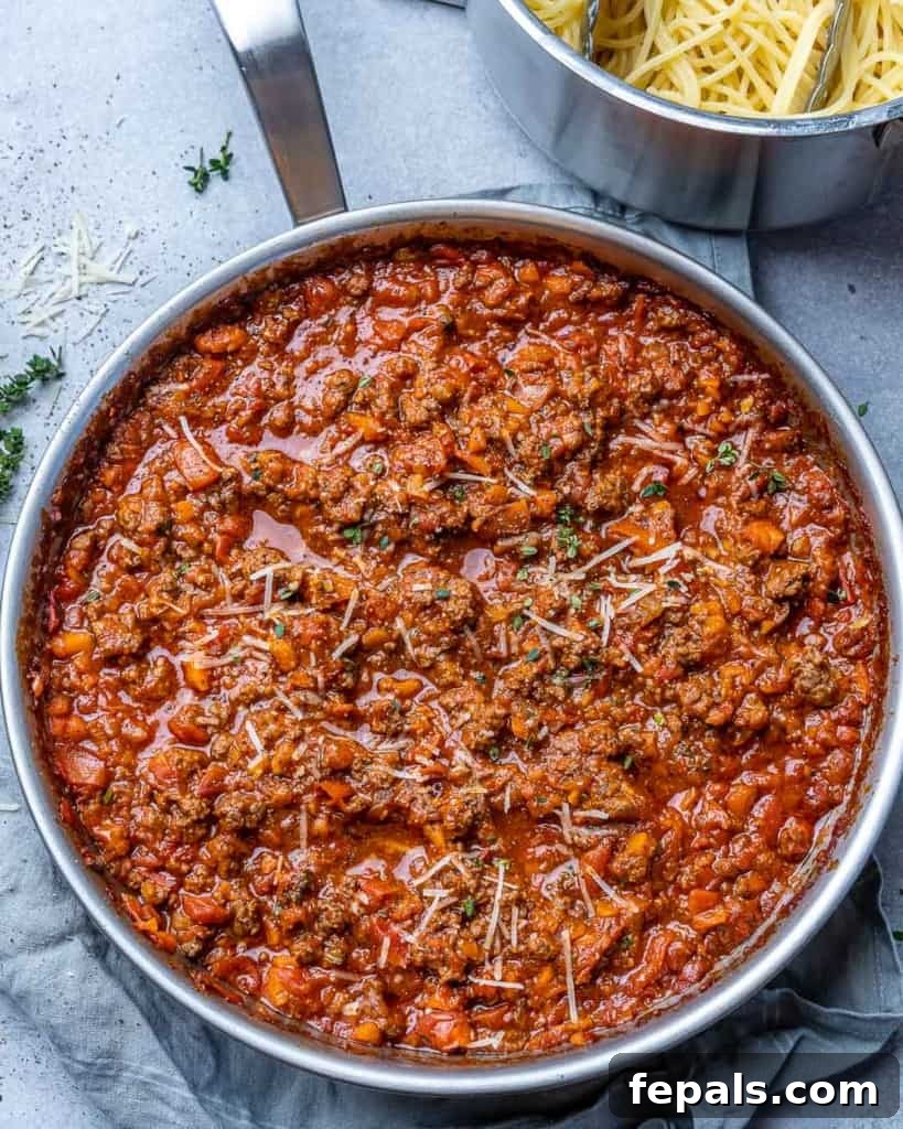 Hearty Beef Bolognese 7 Bolognese sauce inside of a pan.