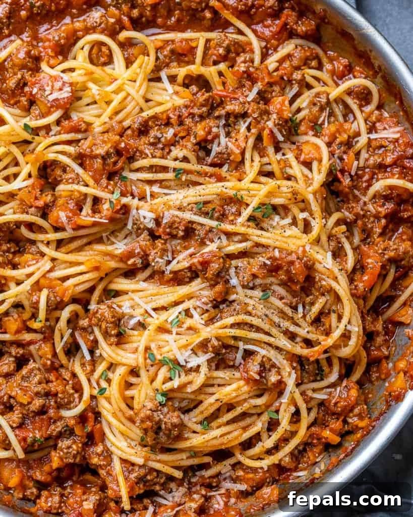 Hearty Beef Bolognese 8 close up view of bolognese with spaghetti