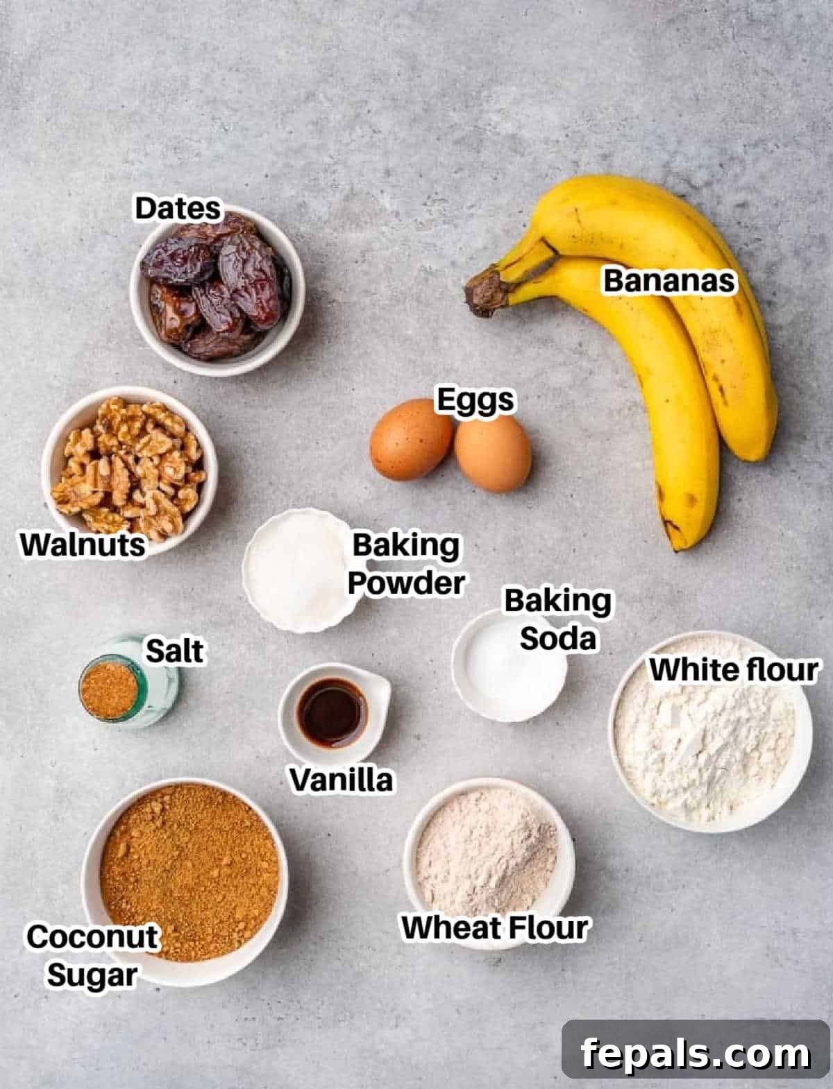 All the ingredients for date nut bread laid out neatly on a surface, ready for preparation.