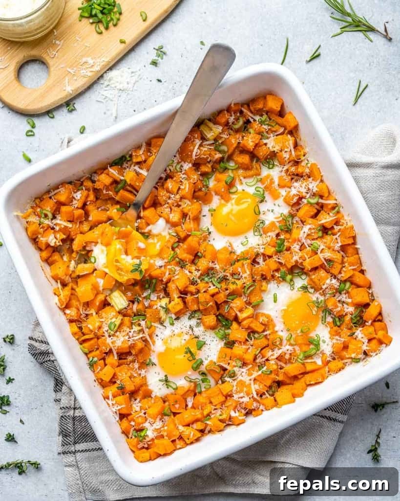 Roasted Sweet Potato Medley 2 Overhead photo of a baking dish containing sweet potato hash.