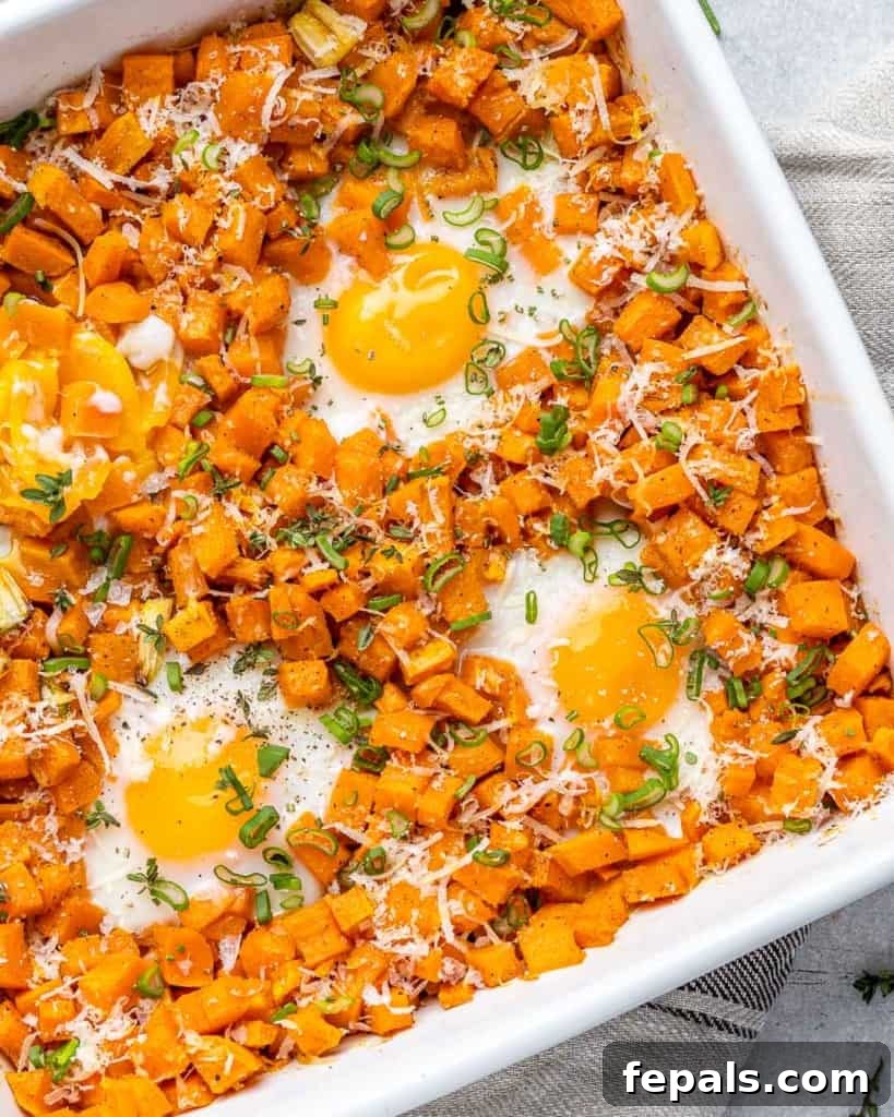 Roasted Sweet Potato Medley 3 close up sweet potato hash with baked eggs