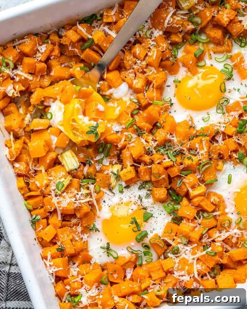 Roasted Sweet Potato Medley 7 close up of sweet potato hash browns and eggs in a white dish