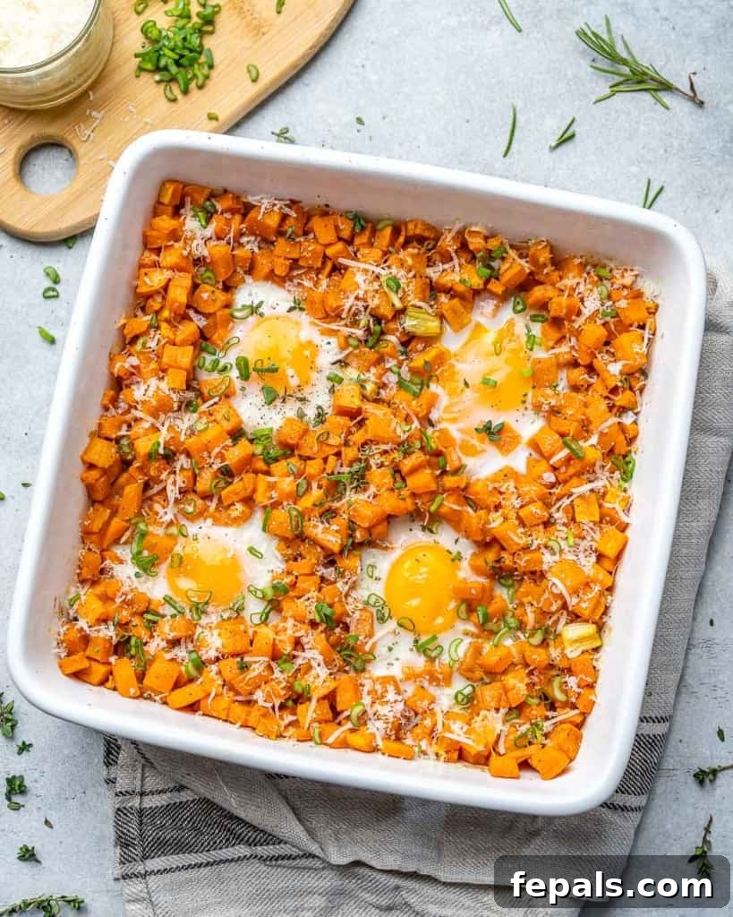 Roasted Sweet Potato Medley 8 top view of egg breakfast with sweet potato hash