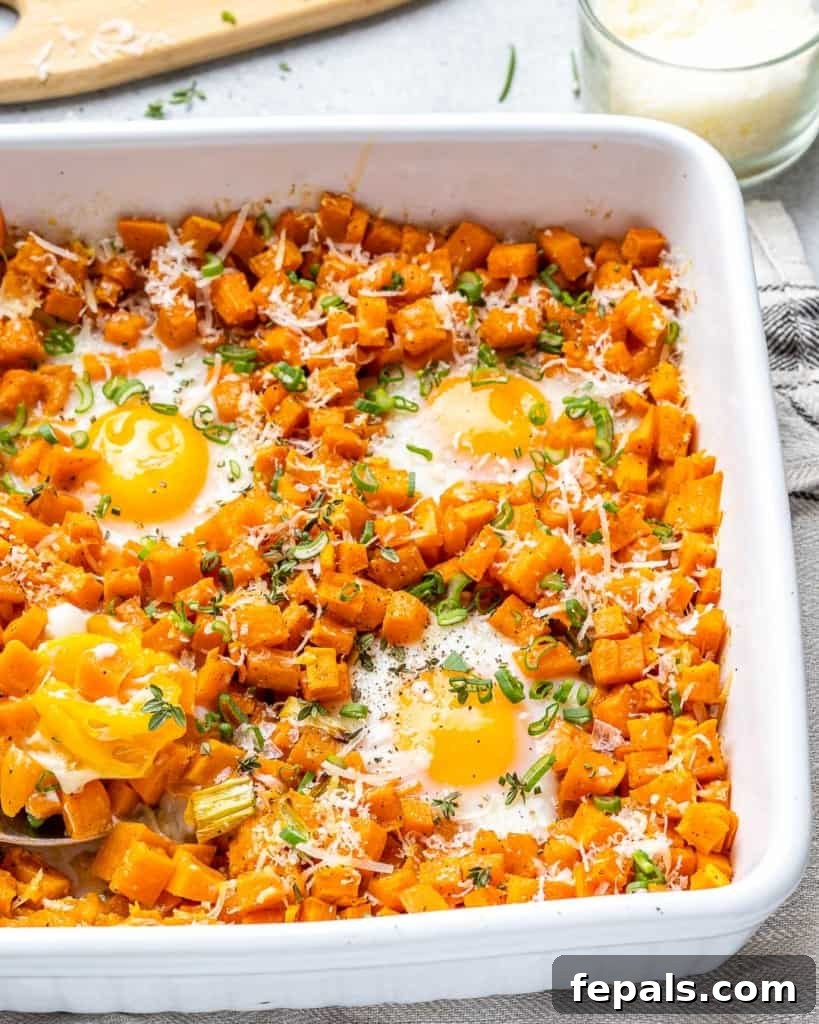 Roasted Sweet Potato Medley 9 side shot of breakfast sweet potato hash in a white dish