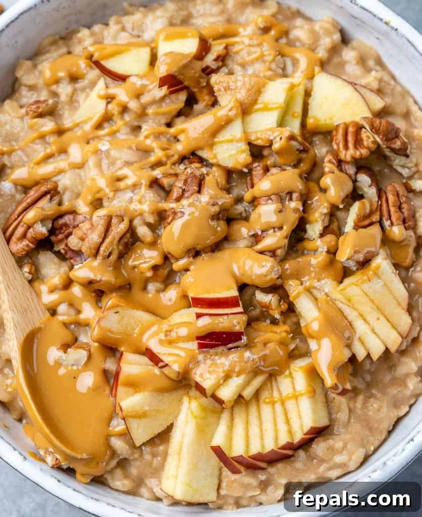 Nutty Oatmeal Morning Fuel 2 Top down shot of oatmeal bowl with a spoon, generously topped.