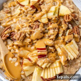Nutty Oatmeal Morning Fuel 11 Top down shot of oatmeal bowl with a spoon.