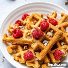 Side shot of keto waffles garnished with fresh raspberries.