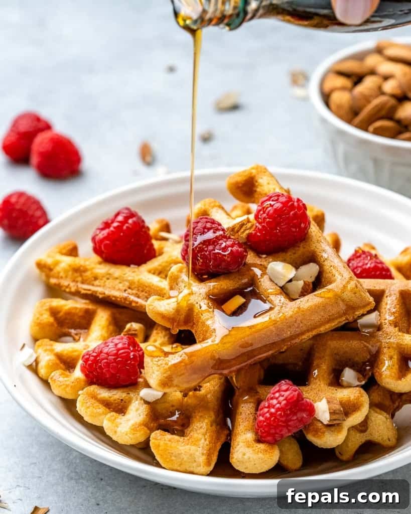 Effortless Keto Waffles 3 A plate of keto waffles generously topped with an assortment of fresh berries and a luscious drizzle of sugar-free maple syrup.