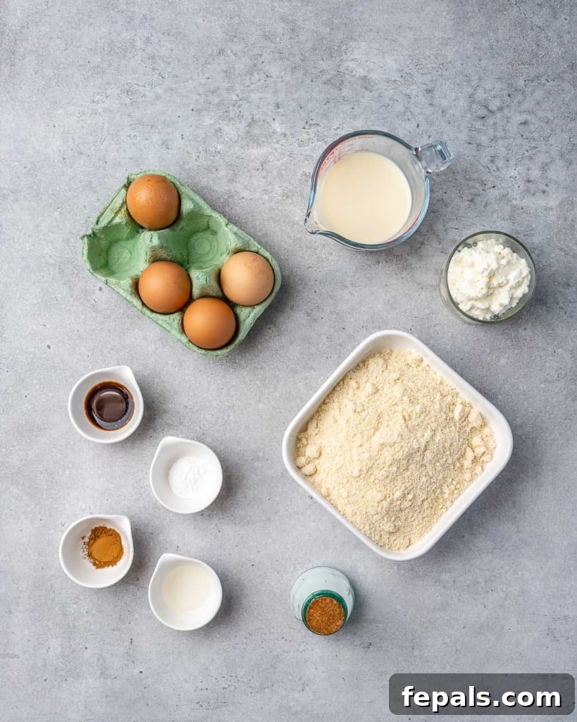 Effortless Keto Waffles 4 Overhead photo showcasing all the perfectly portioned ingredients laid out on a clean surface, ready to be transformed into delicious keto waffles.
