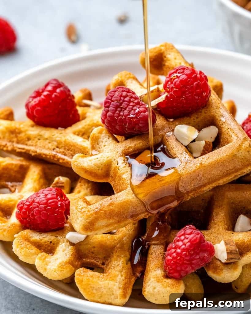 Effortless Keto Waffles 7 Close-up of freshly cooked keto waffles generously drizzled with syrup, highlighting their inviting texture.