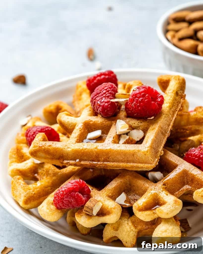Effortless Keto Waffles 8 A crisp white plate showcasing a stack of golden keto waffles, topped with vibrant almonds and a medley of fresh berries.