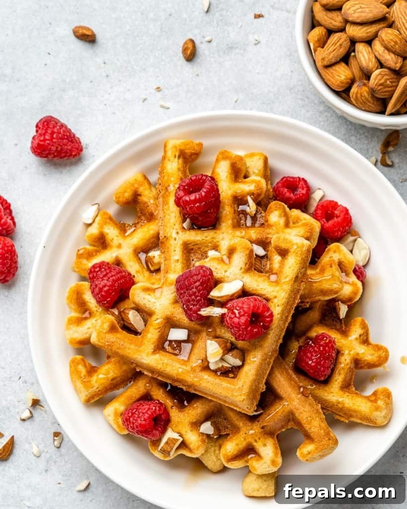 Effortless Keto Waffles 9 Overhead image of beautifully arranged golden brown keto waffles on a plate, ready to be served.