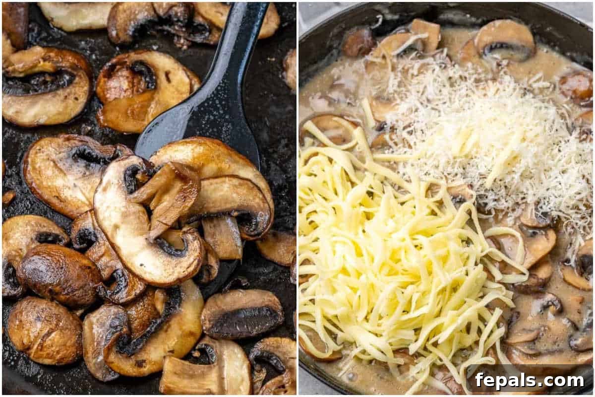 process shot to make sautéed mushrooms with cheese added over the mushrooms in the skillet. 