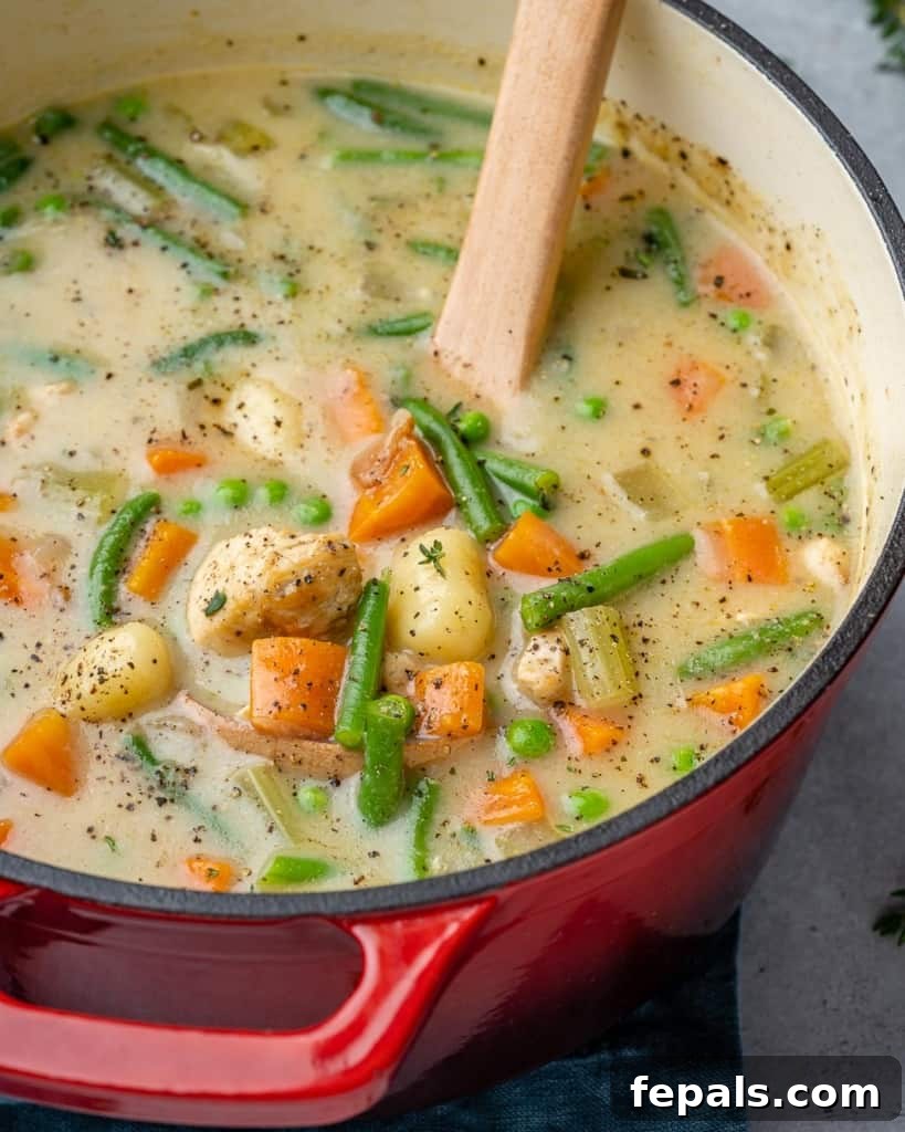 A vibrant red Dutch oven prominently displays a steaming, hearty portion of chicken gnocchi soup, inviting a comforting meal.