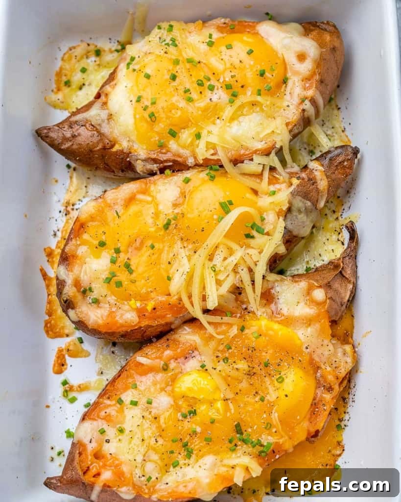 Sweet Potato Sunrise 2 Top down shot of breakfast baked sweet potatoes in a dish. stuffed with eggs