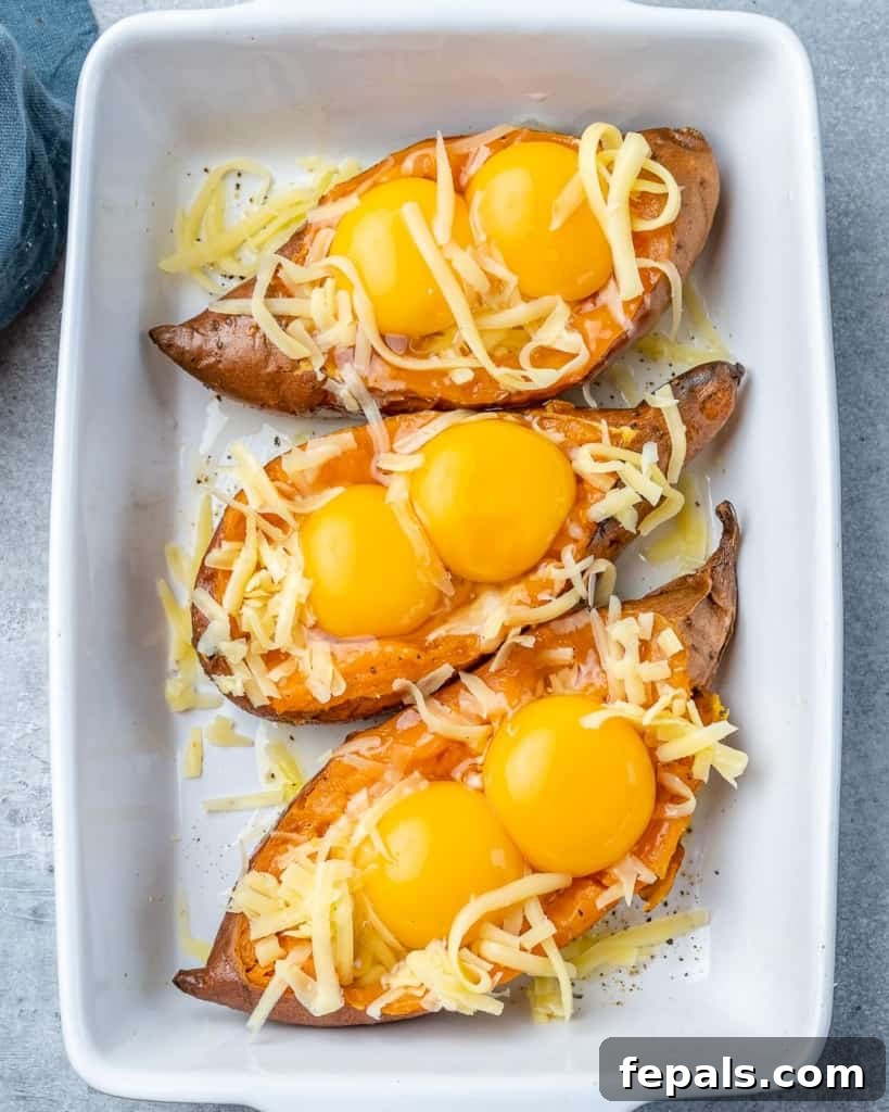 Sweet Potato Sunrise 6 Top down shot of eggs on sweet potatoes.