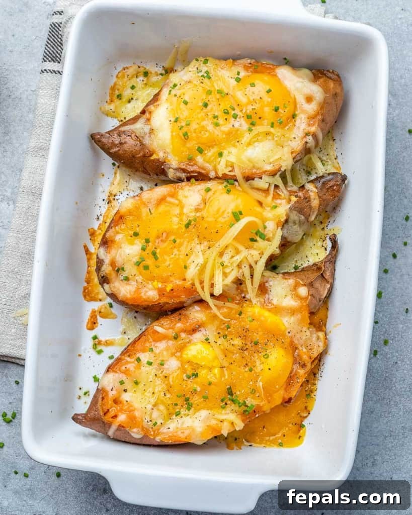 Sweet Potato Sunrise 10 top view baked sweet potatoes with eggs and cheese