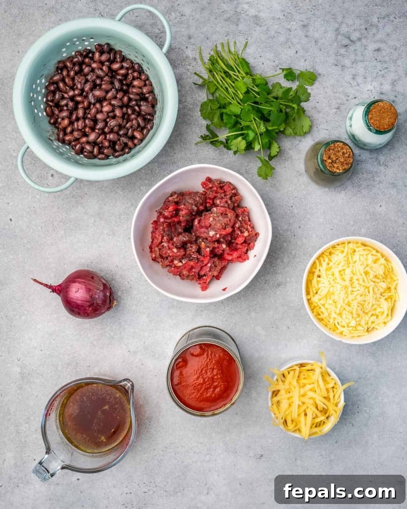 Rancher's Rustic Queso 4 A selection of fresh, neatly arranged ingredients including shredded cheese, black beans, canned tomatoes, and raw ground beef, all ready for the cowboy queso dip preparation