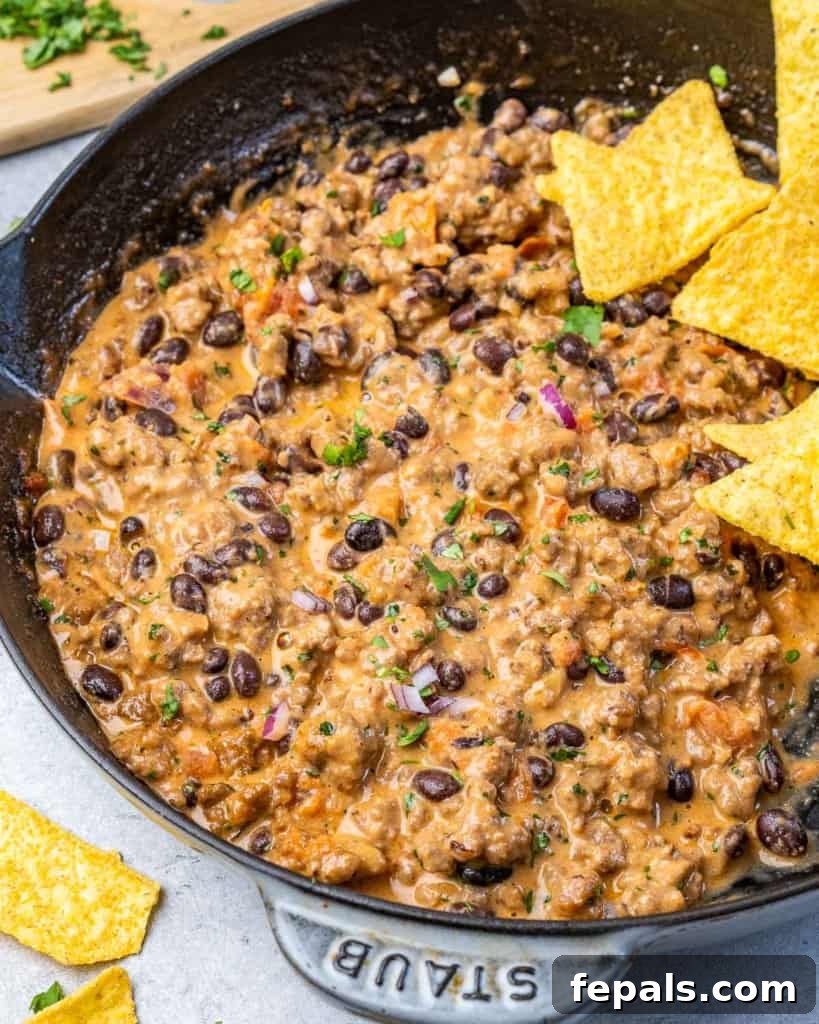 Rancher's Rustic Queso 7 A beautiful side shot of a bowl filled with creamy cowboy queso dip, accompanied by a neatly arranged stack of crispy tortilla chips, inviting immediate dipping