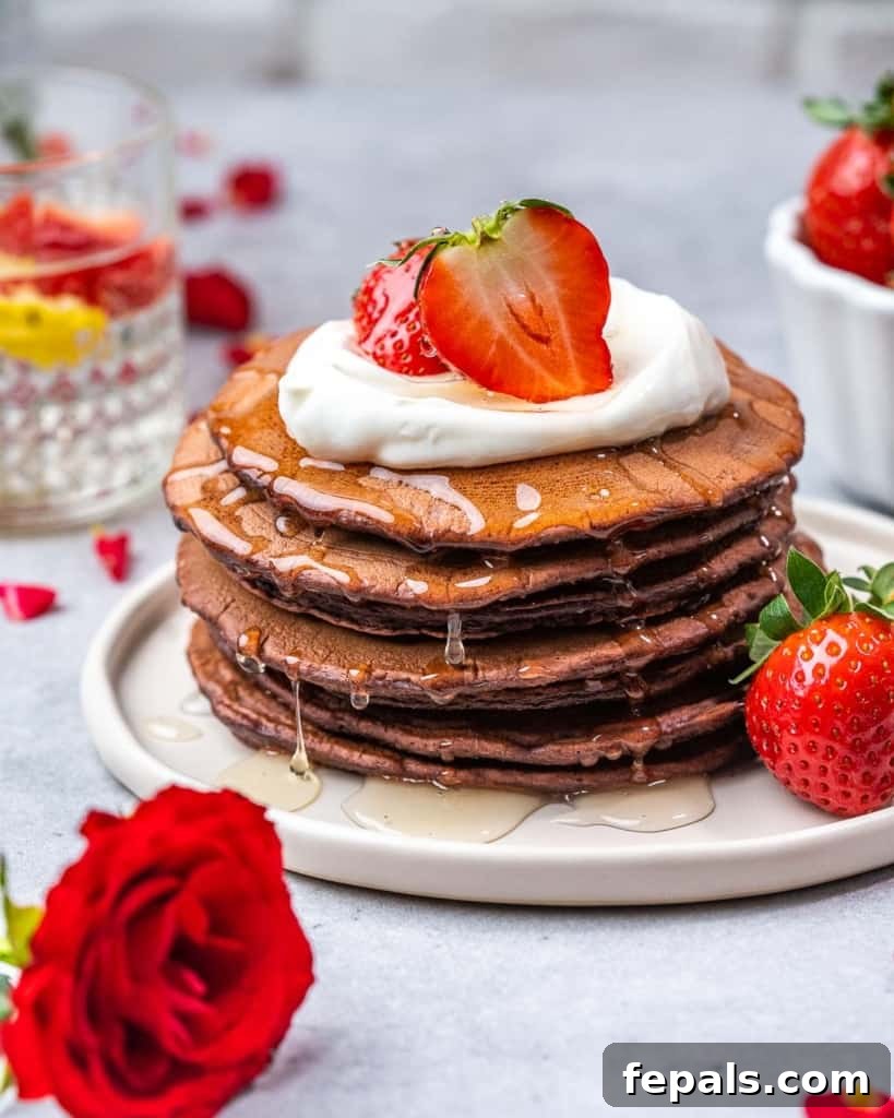 side shot of red velvet pancakes with drizzle of syrup 