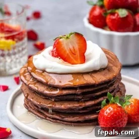 side shot red velvet pancakes with red roses in backgroundh
